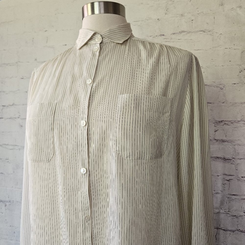 Vintage Neiman Marcus Liz Claiborne Cream Grey Pinstripe Button Front Blouse 12